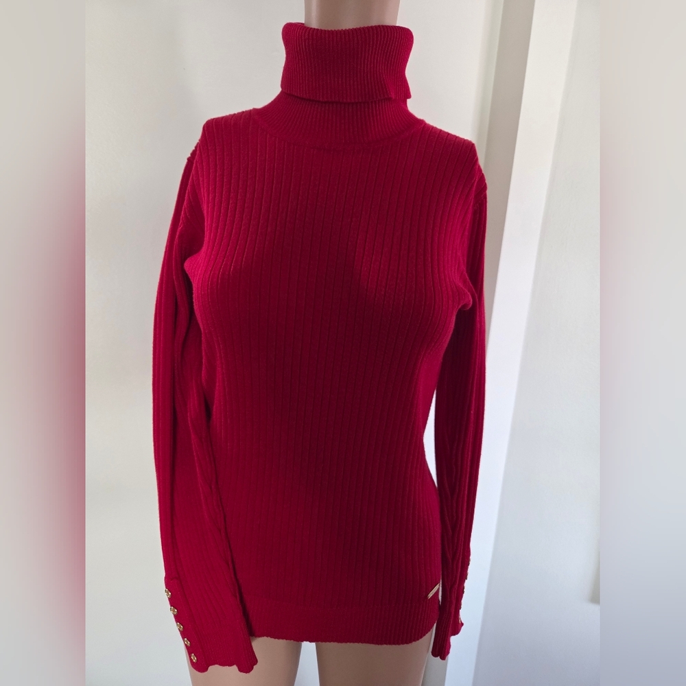 Calvin Klein Red Ribbed Turtleneck Sweater Gold Logo Accent Size Small